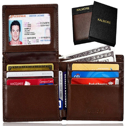Men'S Genuine Leather RFID Blocking Flip ID Window Bifold Wallet (Brown)