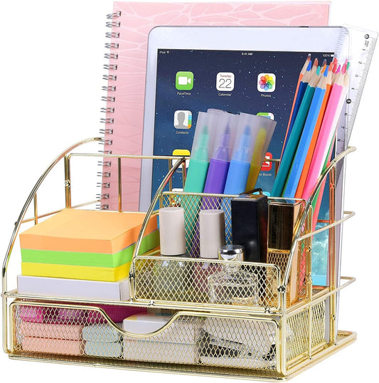 Desk Organizers and Accessories for Women with Drawer, Cute Desk Supplies and Stationary Oganizer for Home and Office Desk Decor, Metal Mesh Desk Organization and Storage (Gold)