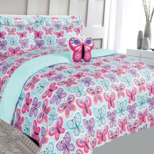 Complete Bed in Bag Comforter Full Size 8Pc Butterfly Blue Bedding Comforter with Plushie Toy Friend and Matching Sheet Set for Kids Bedroom Décor for Girls Boys